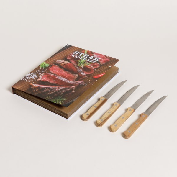 SET X 4 CUCHILLOS DE CARNE ACERO Y ACACIA 21,5 CM CON BOOK
