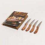 SET X 4 CUCHILLOS DE CARNE ACERO Y ACACIA 22 CM CON BOOK