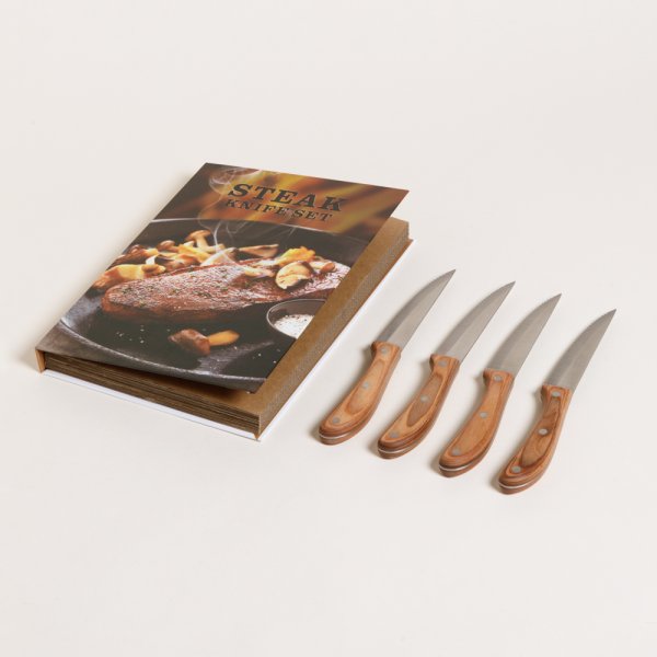 SET X 4 CUCHILLOS DE CARNE ACERO Y ACACIA 22 CM CON BOOK